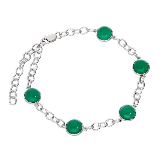Sterling Silver Round Genuine Green Agate 7.5 - 9.5 Inch Bracelet