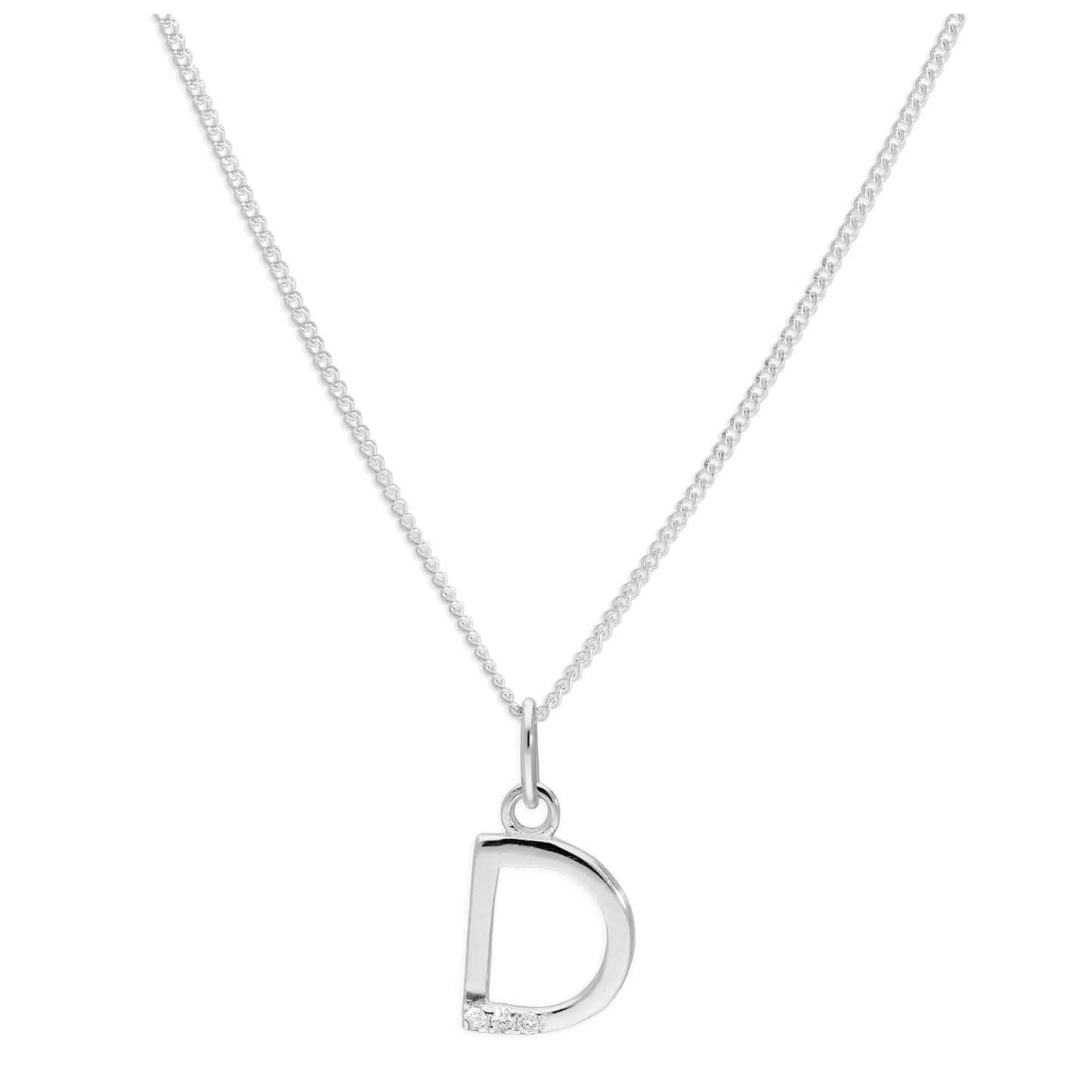 Sterling Silver 3 Stone Geniune Diamond 0.012ct Letter D Necklace Pendant 14 - 32 Inches