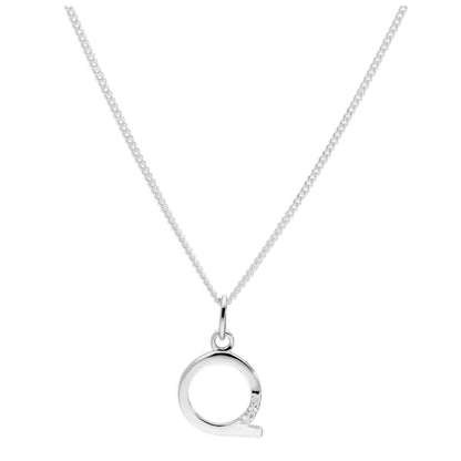 Sterling Silver 3 Stone Geniune Diamond 0.012ct Letter Q Necklace Pendant 14 - 32 Inches