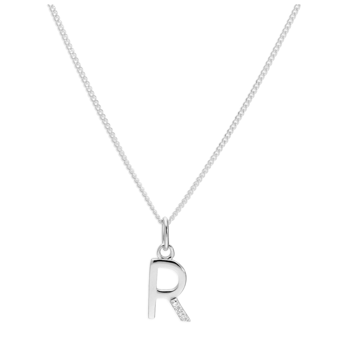 Sterling Silver 3 Stone Geniune Diamond 0.012ct Letter R Necklace Pendant 14 - 32 Inches