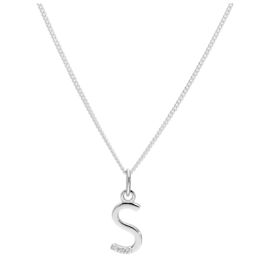Sterling Silver 3 Stone Geniune Diamond 0.012ct Letter S Necklace Pendant 14 - 32 Inches