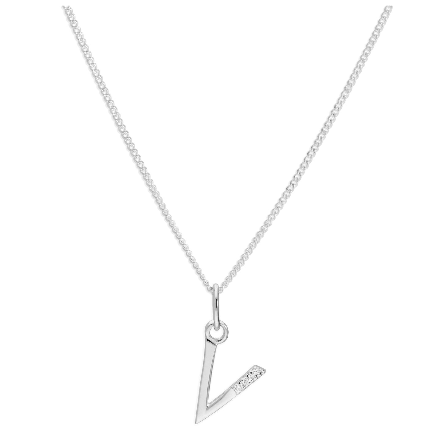 Sterling Silver 3 Stone Geniune Diamond 0.012ct Letter V Necklace Pendant 14 - 32 Inches