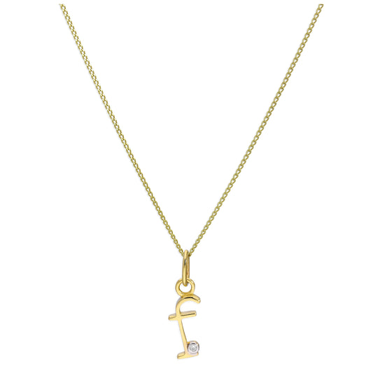 9ct Yellow Gold Single Stone Diamond 0.4 points Letter F Necklace Pendant 16 - 20 Inches