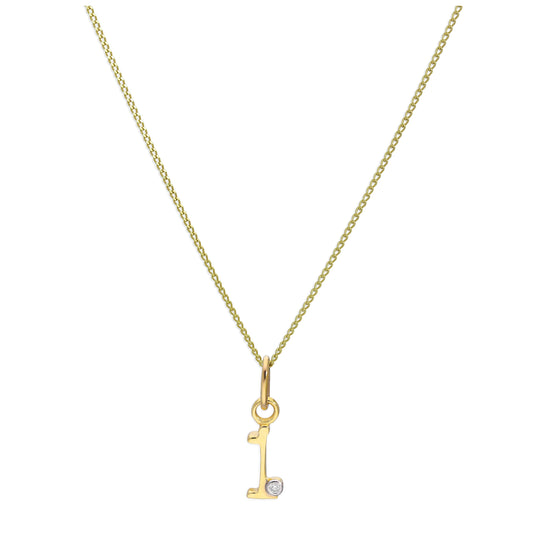 9ct Yellow Gold Single Stone Diamond 0.4 points Letter I Necklace Pendant 16 - 20 Inches