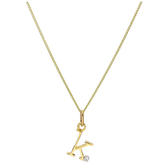 9ct Yellow Gold Single Stone Diamond 0.4 points Letter K Necklace Pendant 16 - 20 Inches