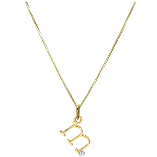9ct Yellow Gold Single Stone Diamond 0.4 points Letter M Necklace Pendant 16 - 20 Inches