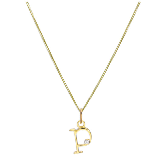 9ct Yellow Gold Single Stone Diamond 0.4 points Letter P Necklace Pendant 16 - 20 Inches