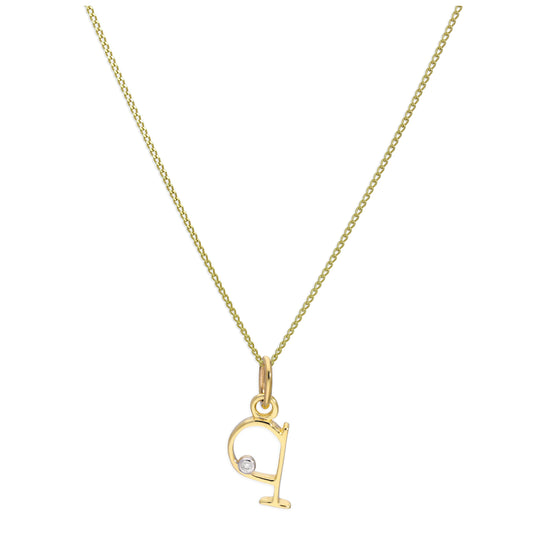 9ct Yellow Gold Single Stone Diamond 0.4 points Letter Q Necklace Pendant 16 - 20 Inches