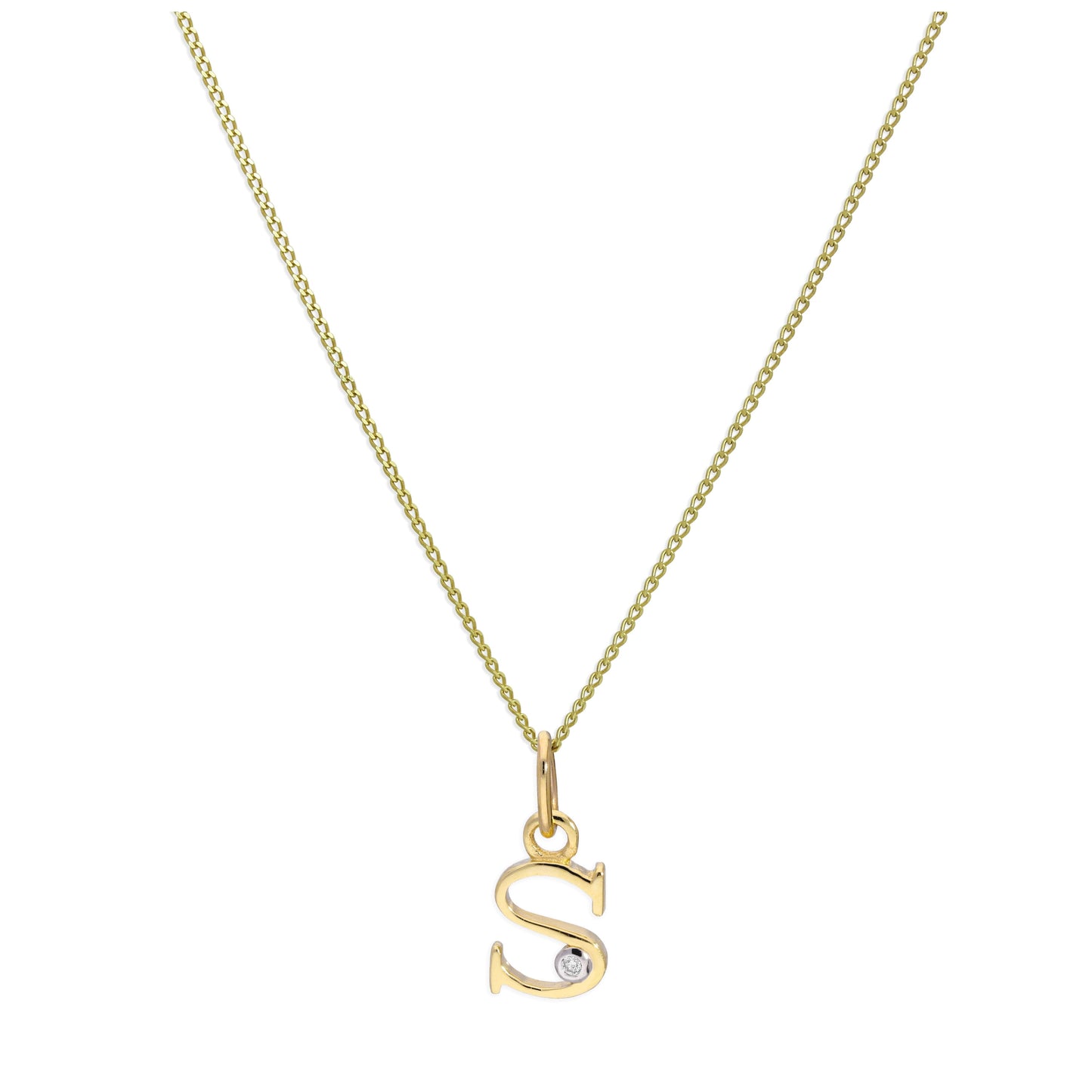 9ct Yellow Gold Single Stone Diamond 0.4 points Letter S Necklace Pendant 16 - 20 Inches