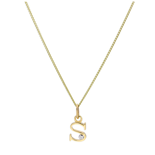 9ct Yellow Gold Single Stone Diamond 0.4 points Letter S Necklace Pendant 16 - 20 Inches