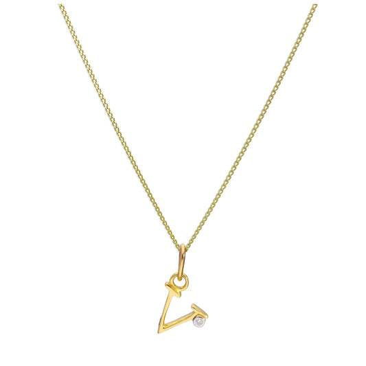 9ct Yellow Gold Single Stone Diamond 0.4 points Letter V Necklace Pendant 16 - 20 Inches