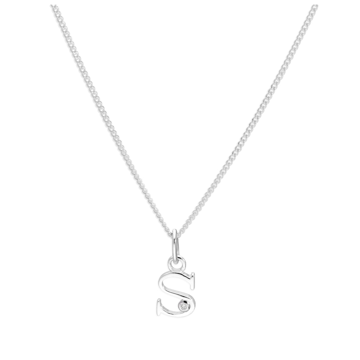 Sterling Silver Single Stone Diamond 0.4 points Letter S Necklace Pendant 14 - 32 Inches