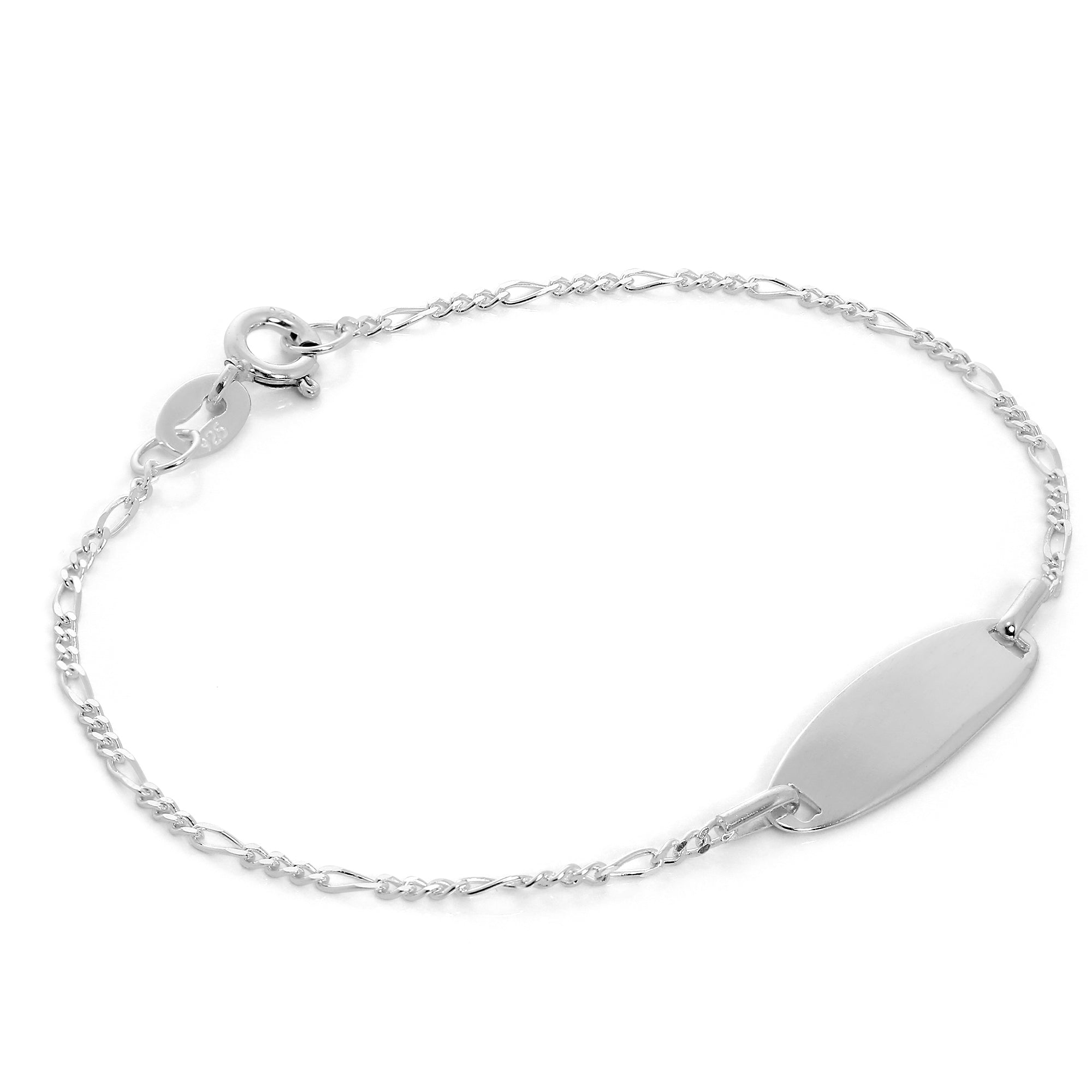 Sterling Silver Figaro Chain Engravable ID Plate 6 Inch Bracelet