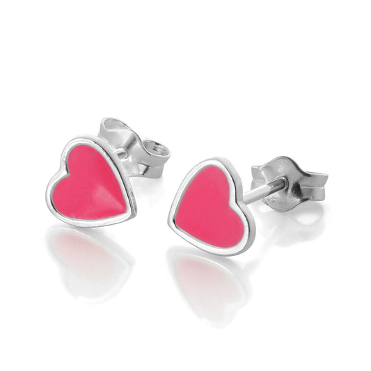 Sterling Silver Pink Enamel Heart Stud Earrings