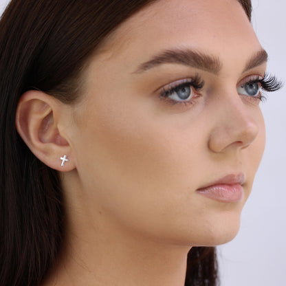 Small Sterling Silver Cross Stud Earrings
