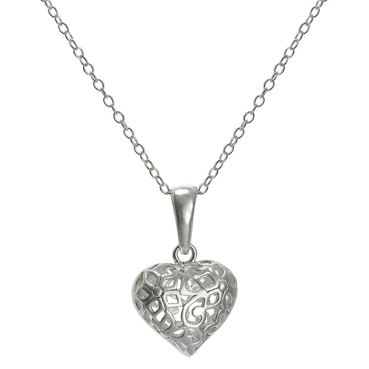 Sterling Silver Filigree Puffed Heart Pendant on 18 Inch Chain