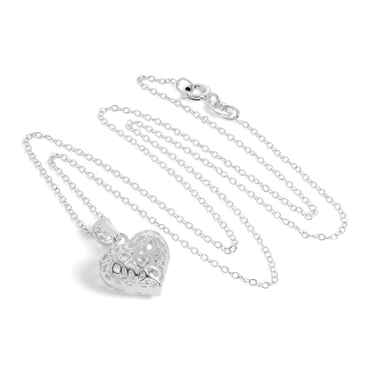 Sterling Silver Filigree Puffed Heart Pendant on 18 Inch Chain