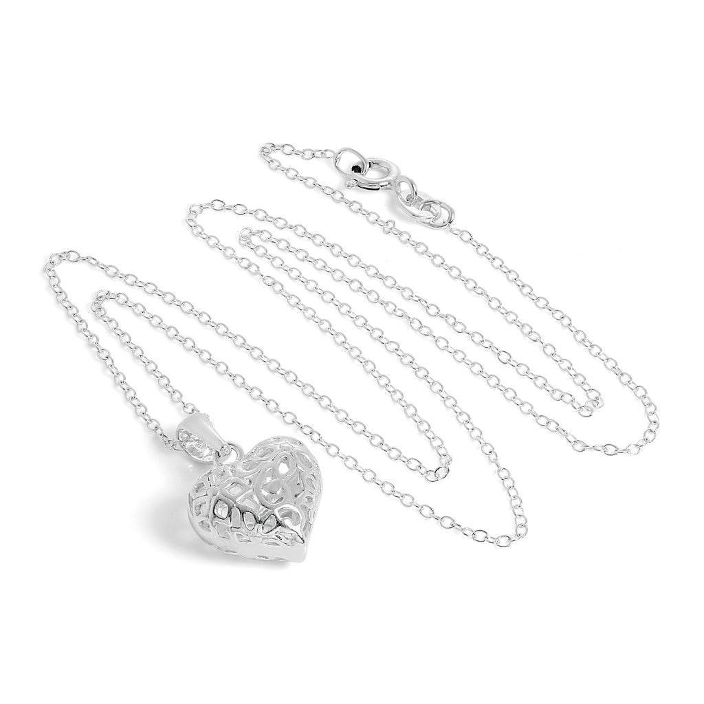 Sterling Silver Filigree Puffed Heart Pendant on 18 Inch Chain