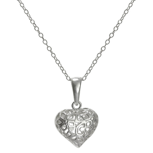 Sterling Silver Filigree Puffed Heart Pendant on 18 Inch Chain