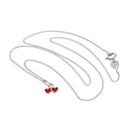 Tiny Sterling Silver & Red Enamel Double Heart Pendant Necklace 14 - 22 Inches