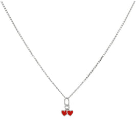 Tiny Sterling Silver & Red Enamel Double Heart Pendant Necklace 14 - 22 Inches