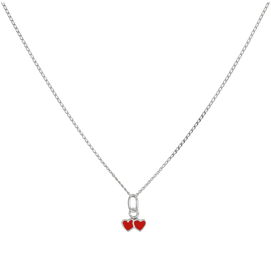 Tiny Sterling Silver & Red Enamel Double Heart Pendant Necklace 14 - 22 Inches