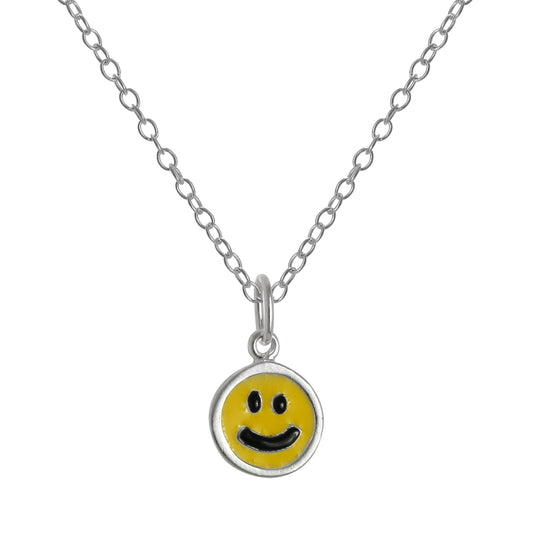 Sterling Silver & Yellow Enamel Smiley Face Pendant Necklace 14 - 22 Inches