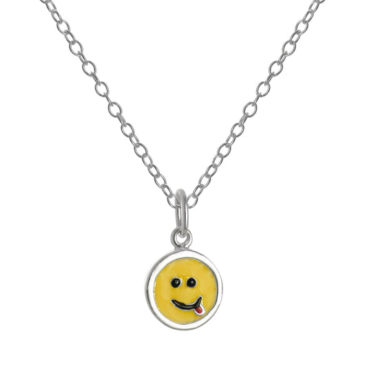 Sterling Silver & Yellow Enamel Smiley Face Tongue Pendant Necklace 14-22 Inches