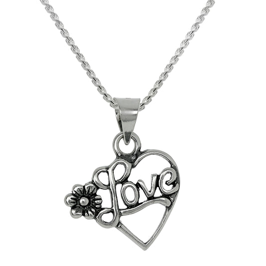Sterling Silver Open Love Heart Pendant Necklace with Flower 16 -22 Inches
