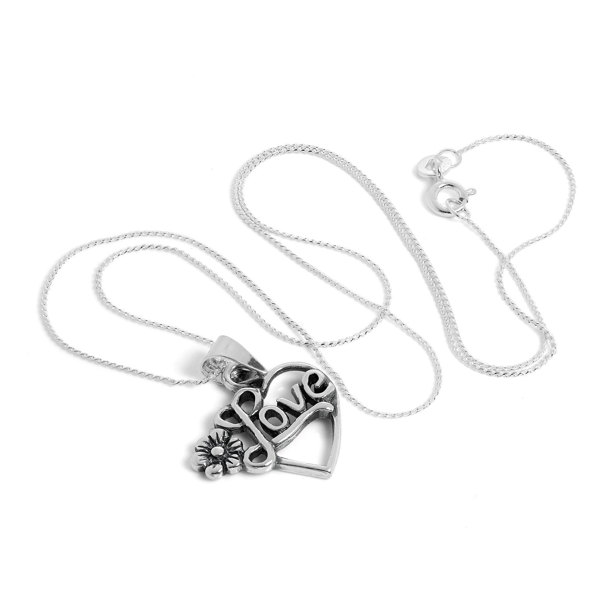 Sterling Silver Open Love Heart Pendant Necklace with Flower 14 -28 Inches