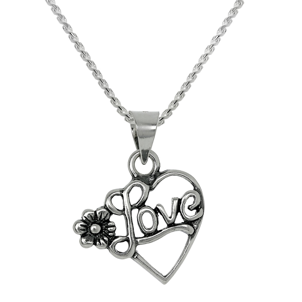 Sterling Silver Open Love Heart Pendant Necklace with Flower 14 -28 Inches