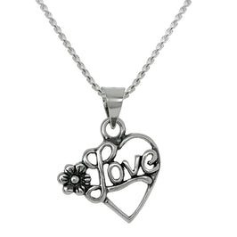 Sterling Silver Open Love Heart Pendant Necklace with Flower 14 -28 Inches