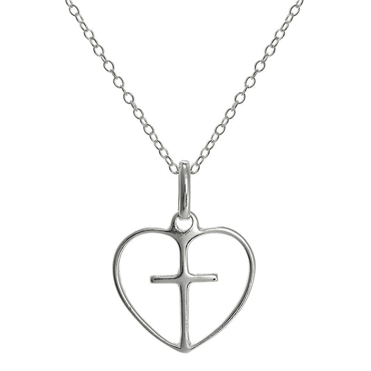 Simple Sterling Silver Open Heart with Cross Pendant on 18 Inch Chain