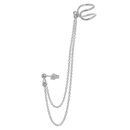 Sterling Silver Ball Stud & Ear Cuff with Chain Earring