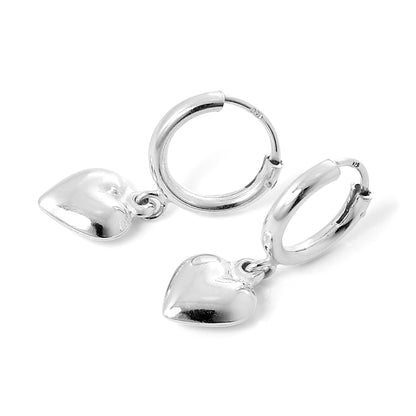 Sterling Silver Sleeper 12mm Hoop Earrings with Puffed Hearts