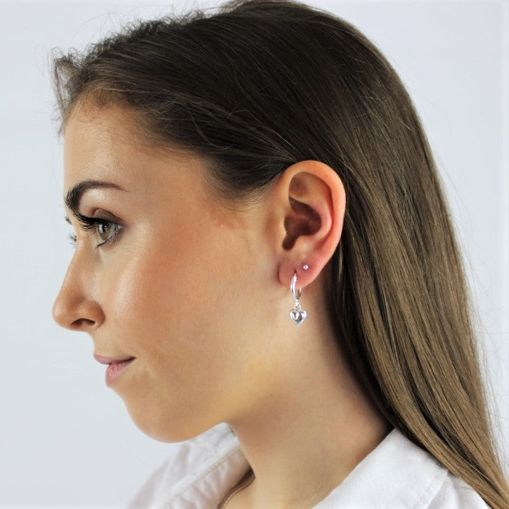 Sterling Silver Sleeper 12mm Hoop Earrings with Puffed Hearts