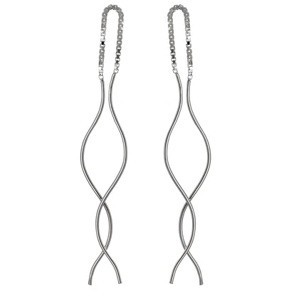 Sterling Silver Wavey Bar Long Dangle Pull Through Earrings