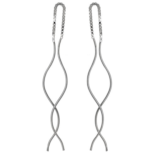 Sterling Silver Wavey Bar Long Dangle Pull Through Earrings