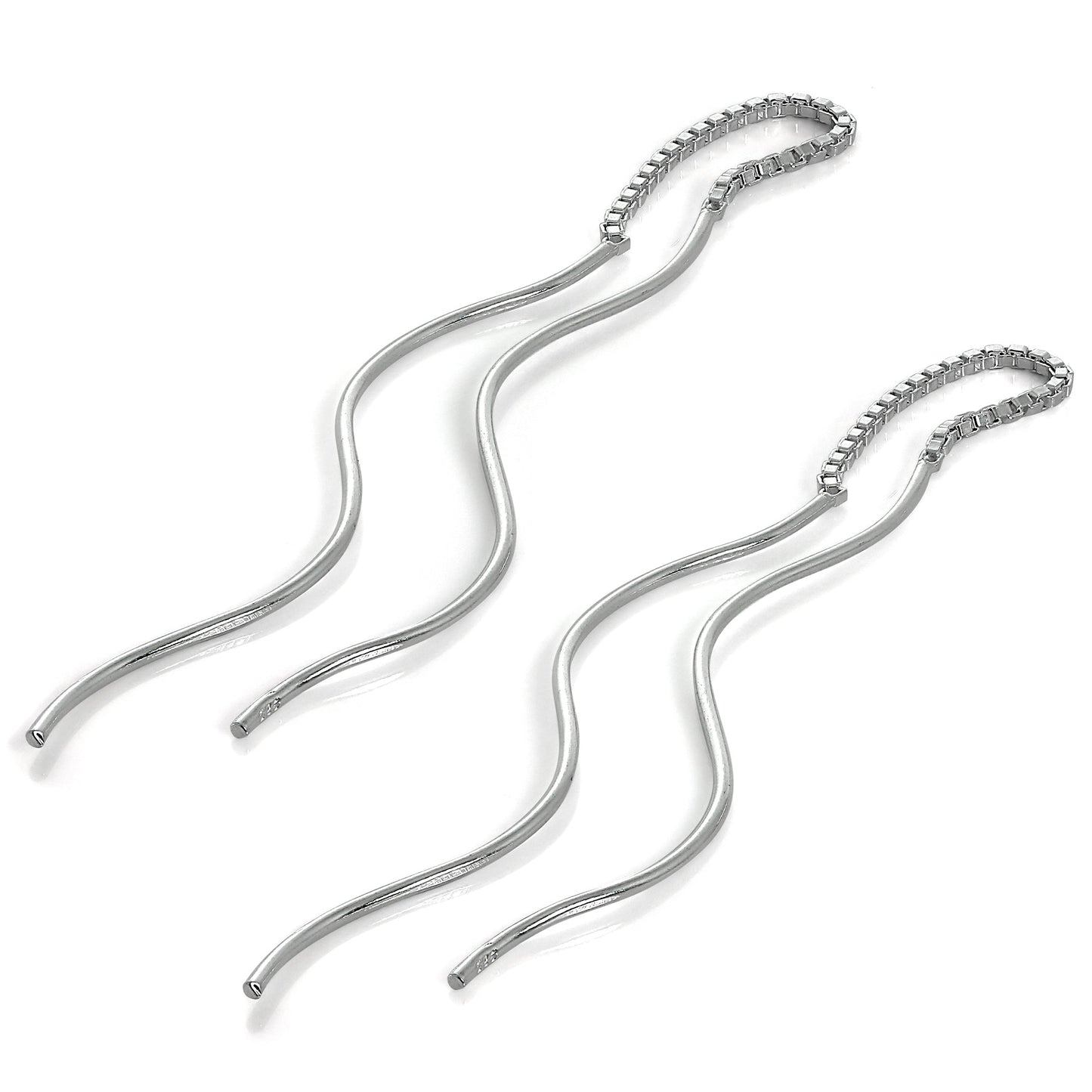 Sterling Silver Wavey Bar Long Dangle Pull Through Earrings