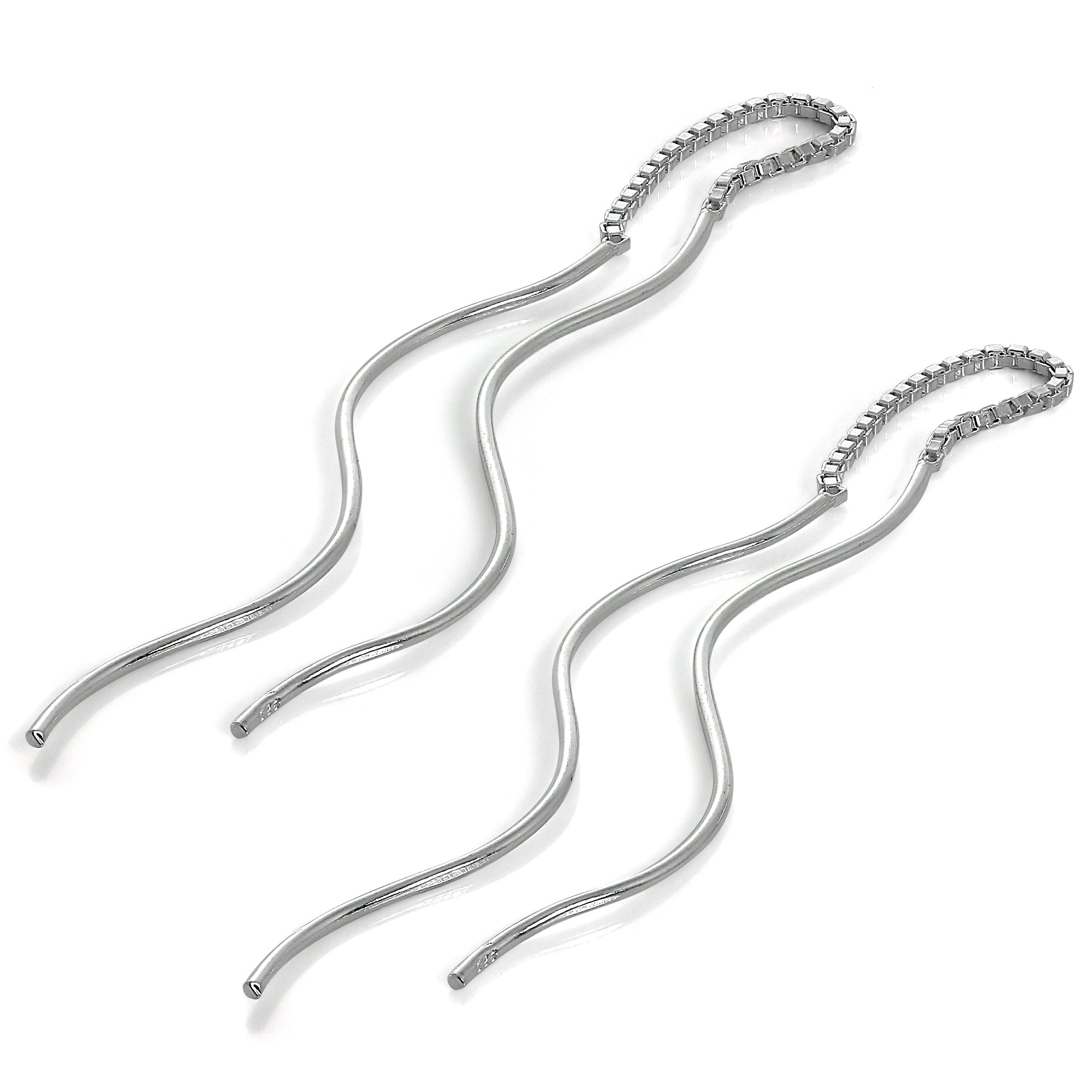 Sterling Silver Wavey Bar Long Dangle Pull Through Earrings