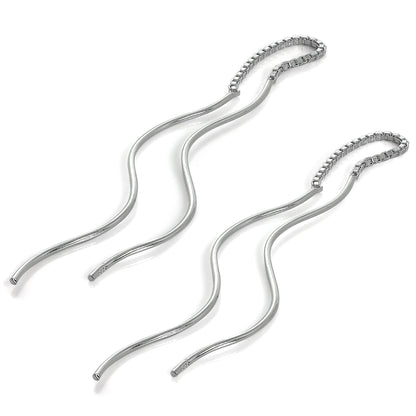 Sterling Silver Wavey Bar Long Dangle Pull Through Earrings