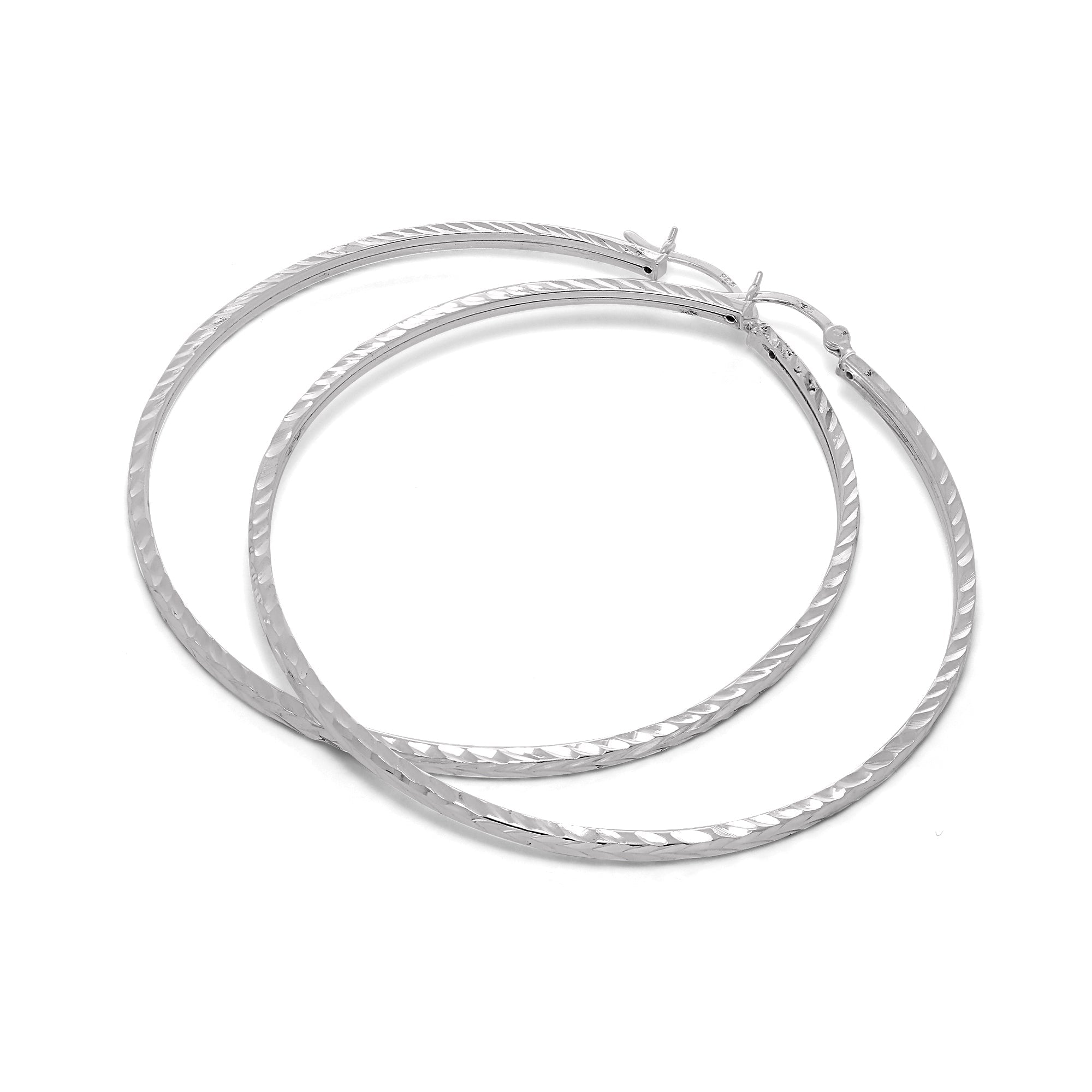 Sterling Silver Diamond Cut 2mm Square Hoop Earrings 12mm - 70mm