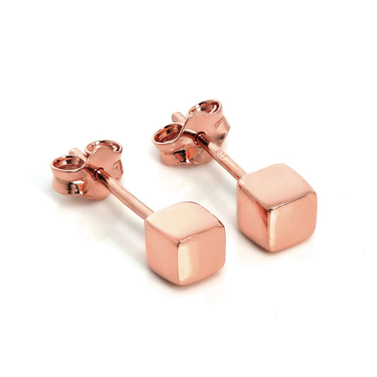Rose Gold Plated Sterling Silver 4mm Square Cube Stud Earrings