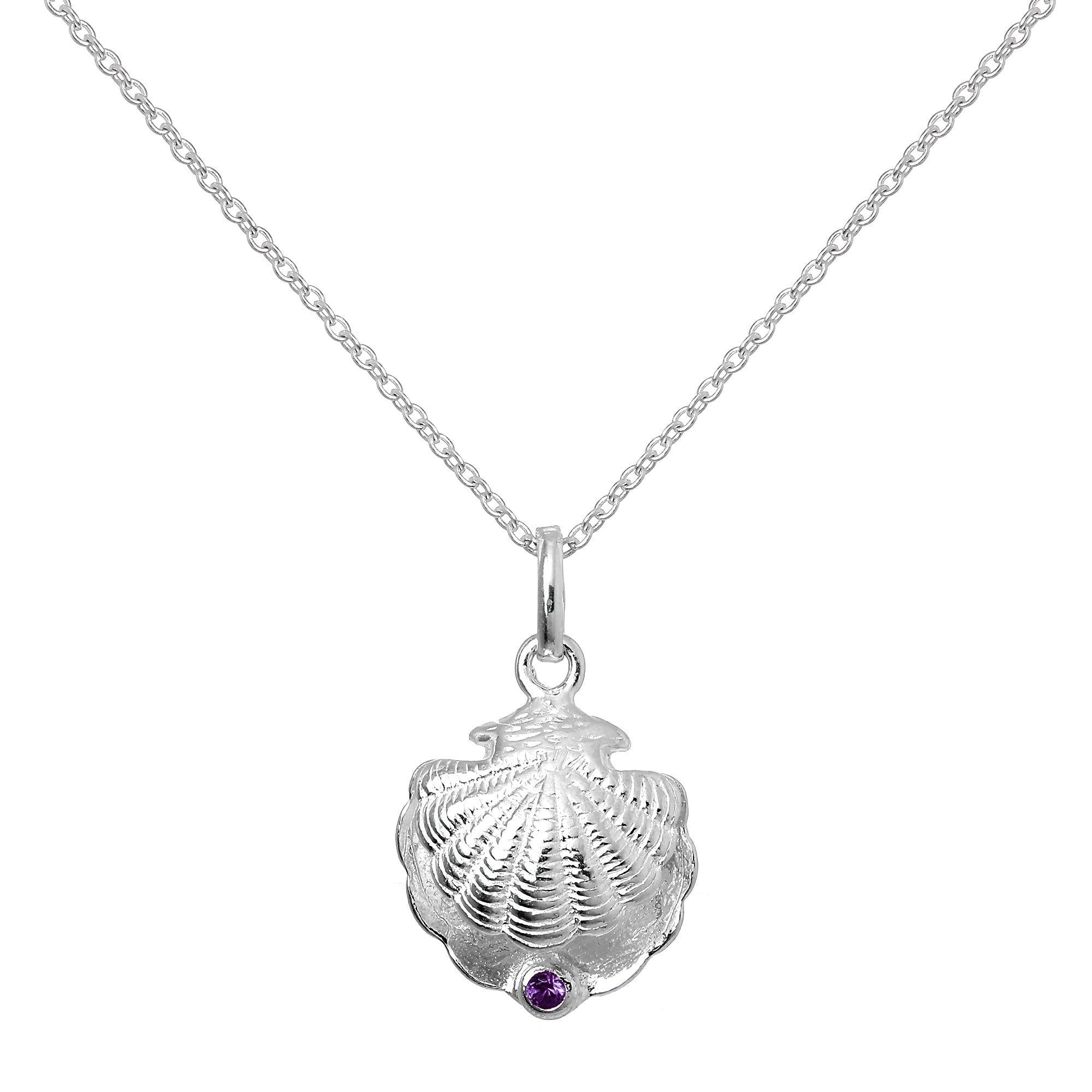 Sterling Silver Oyster Shell with CZ Crystal Purple Birthstone Necklace