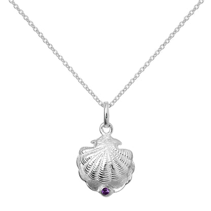 Sterling Silver Oyster Shell with CZ Crystal Purple Birthstone Necklace