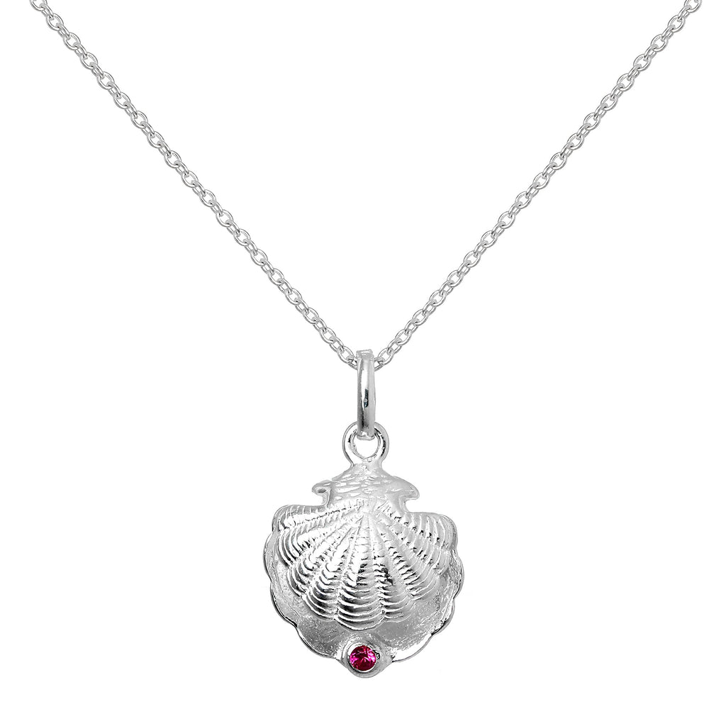 Sterling Silver Oyster Shell with CZ Crystal Ruby Birthstone Necklace