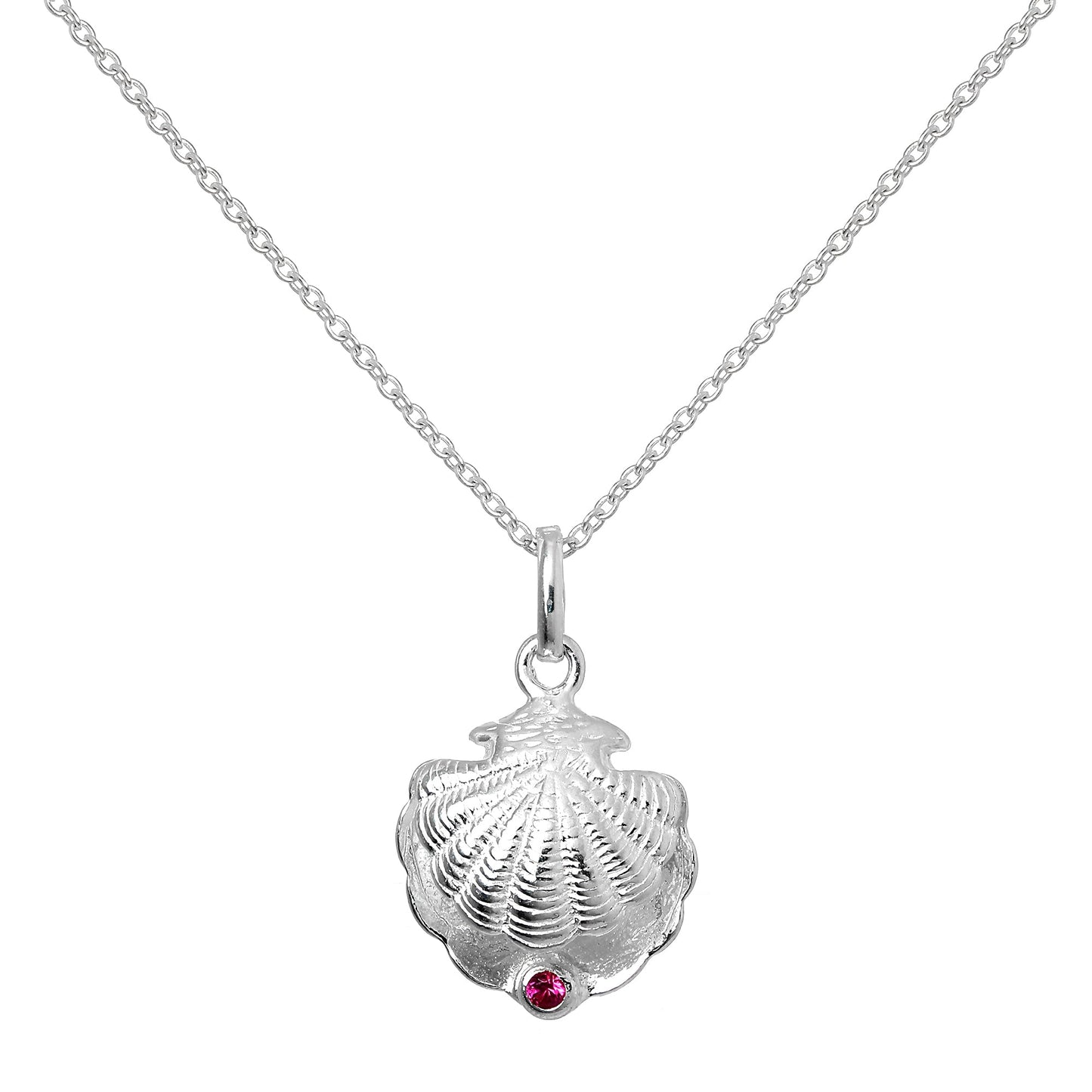 Sterling Silver Oyster Shell with CZ Crystal Ruby Birthstone Necklace