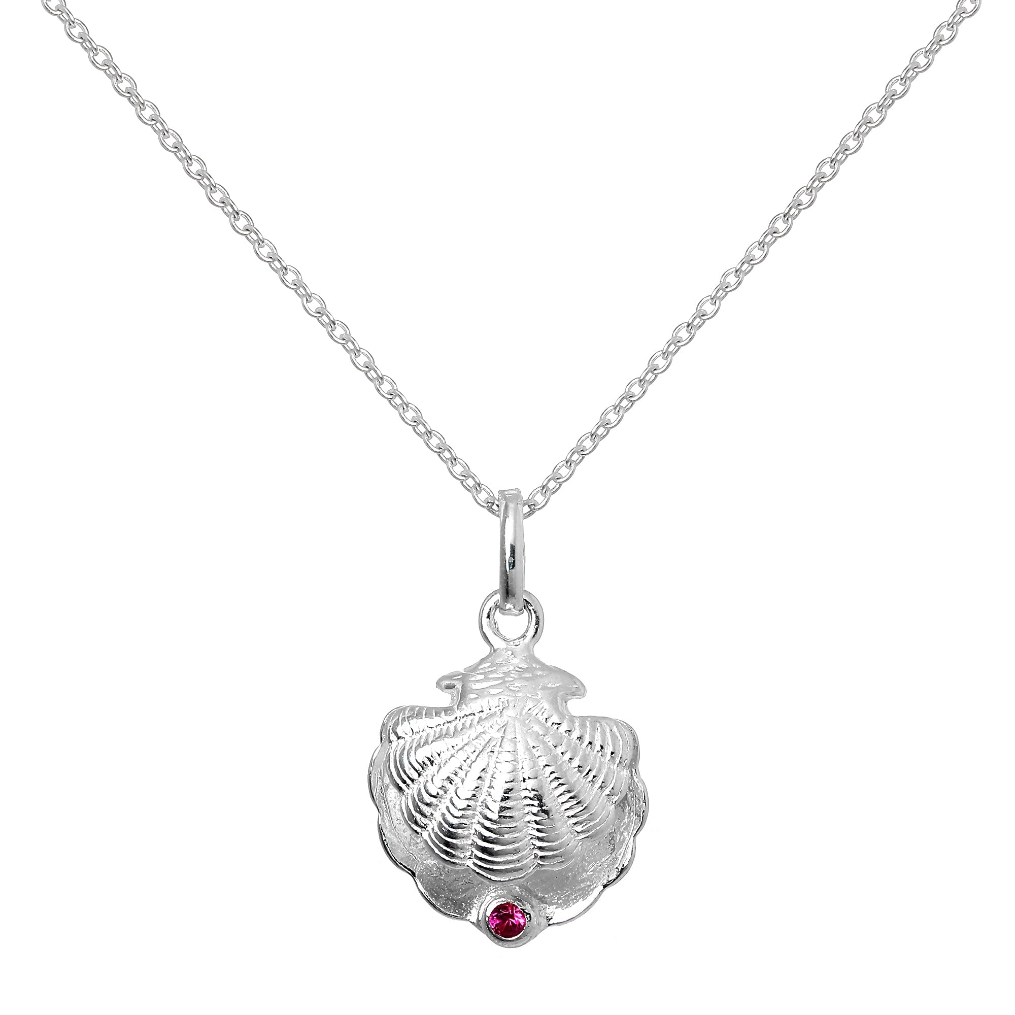 Sterling Silver Oyster Shell with CZ Crystal Ruby Birthstone Necklace