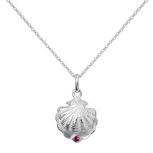 Sterling Silver Oyster Shell with CZ Crystal Ruby Birthstone Necklace