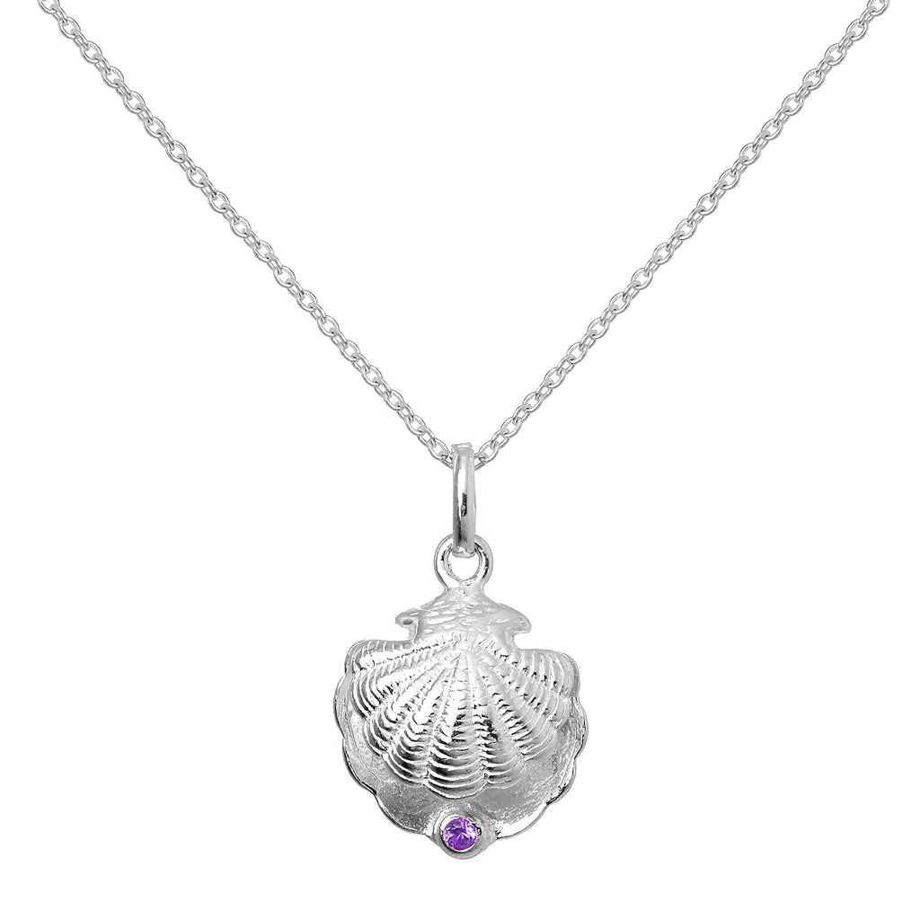 Sterling Silver Oyster Shell with CZ Crystal Amethyst Birthstone Necklace